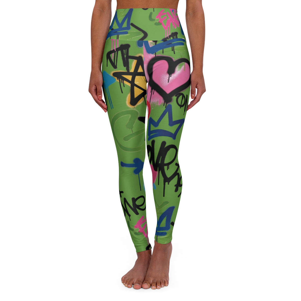 Green Graffiti Heart High-Waist Leggings — Colorful Street Art Print