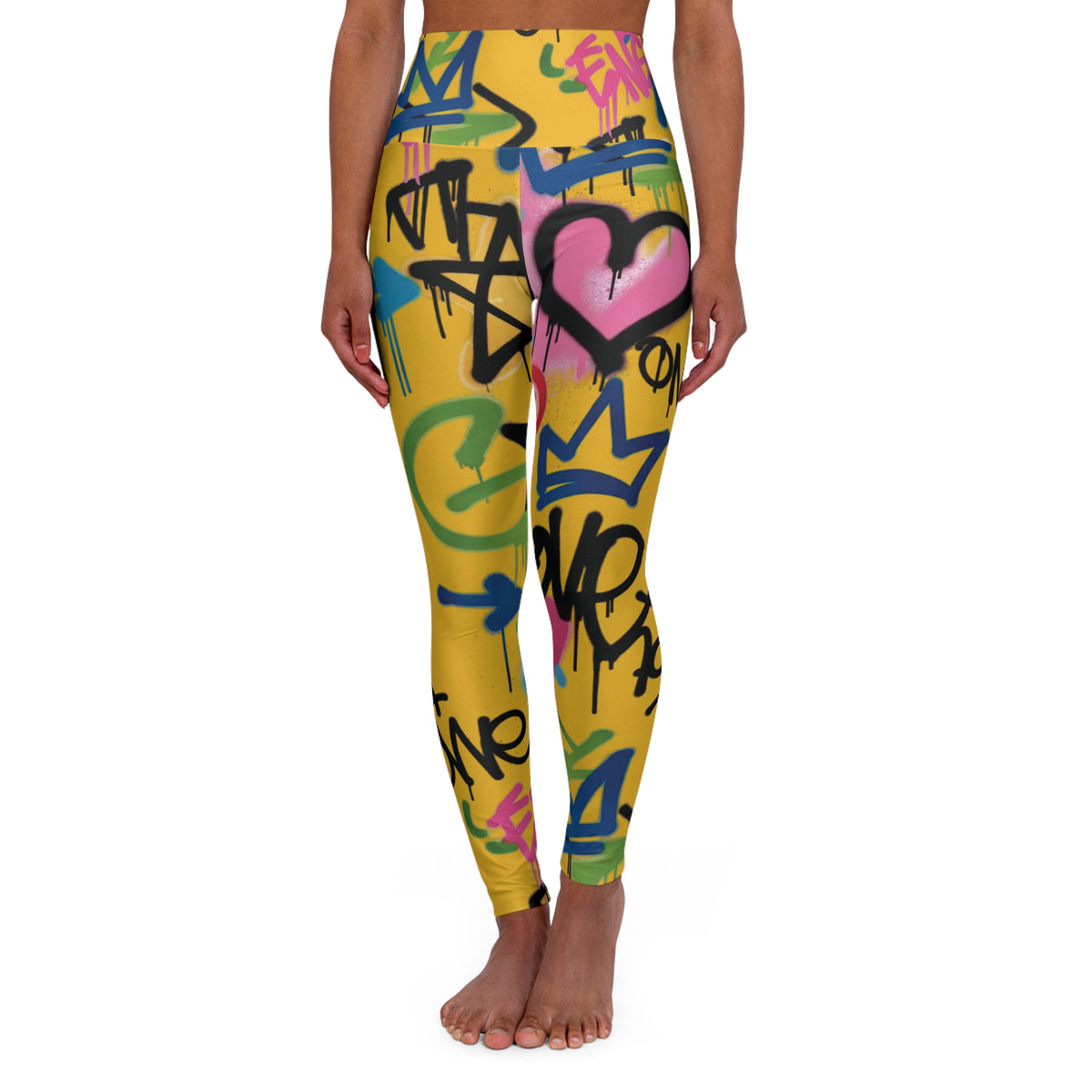 Yellow Graffiti Heart High-Waist Leggings — Colorful Street Art Print