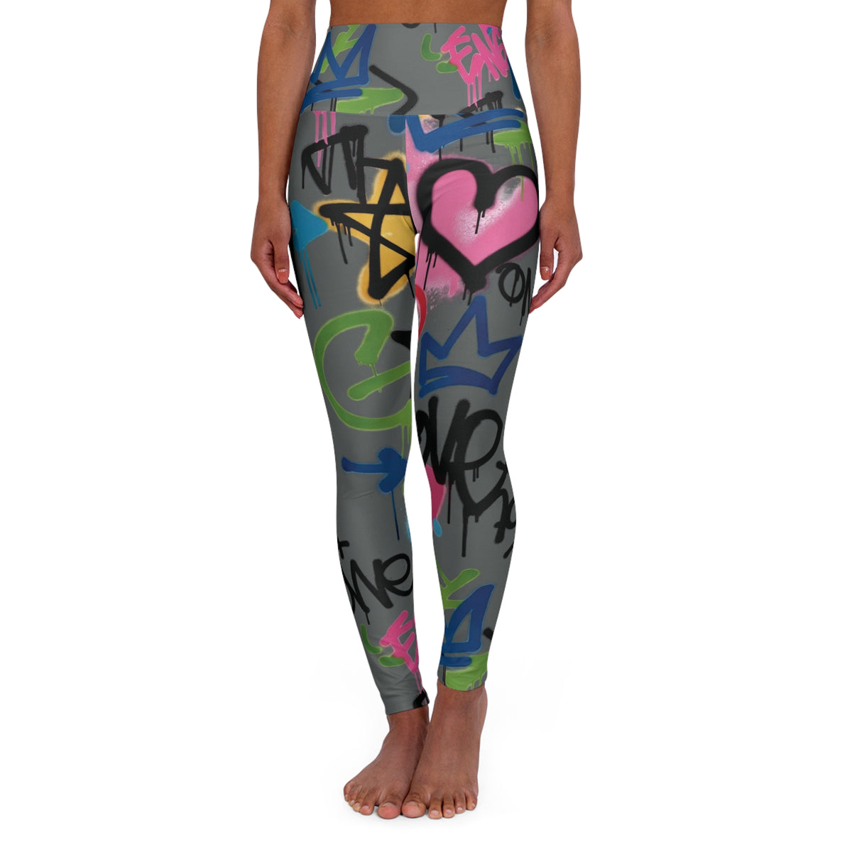 Dark Grey Graffiti Heart High-Waist Leggings — Colorful Street Art Print