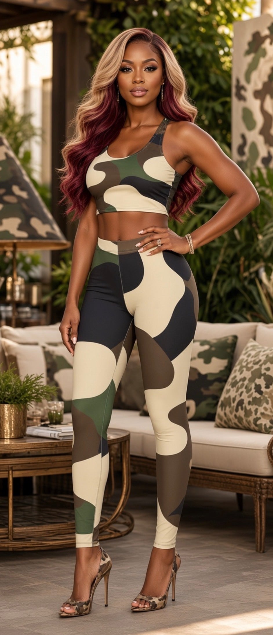 Abstract Camouflage Leggings — Neutral Olive & Beige All-Over Print