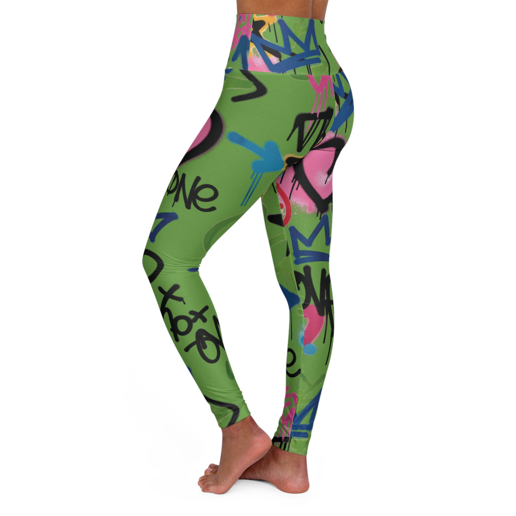 Green Graffiti Heart High-Waist Leggings — Colorful Street Art Print