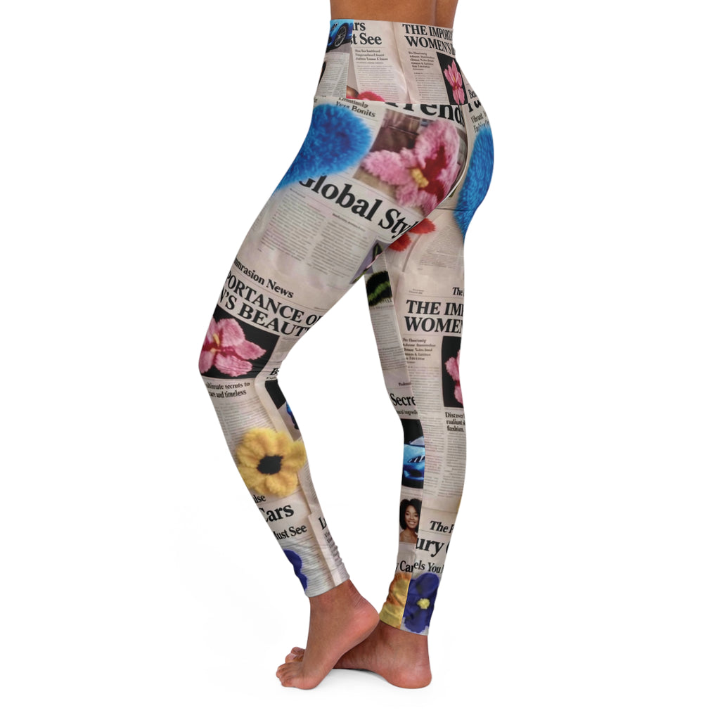 “ Culture Vulture “ Newspaper Collage High-Waist Yoga Leggings — Floral & Vintage Print