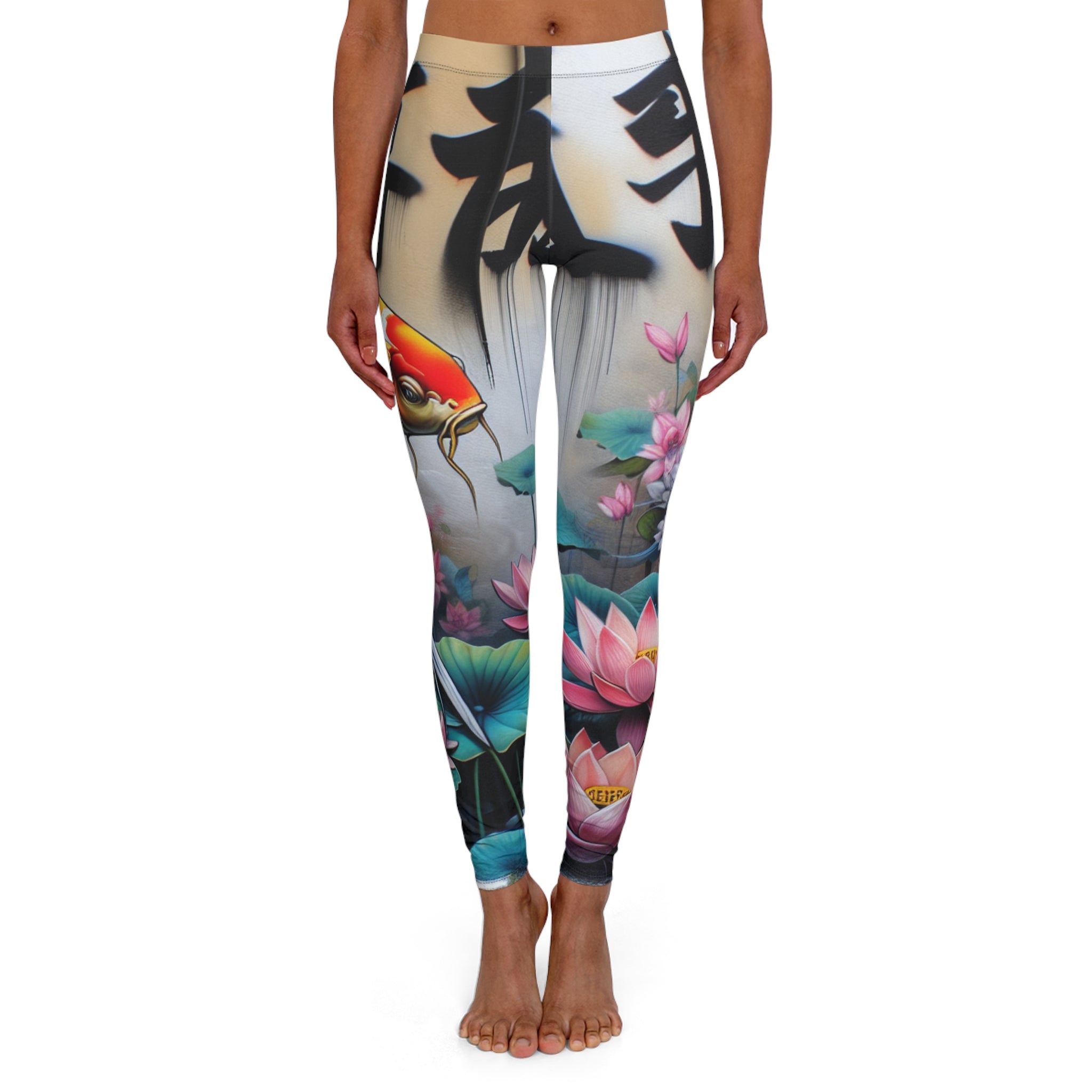 Koi Lotus Yoga Leggings — Asian Calligraphy Floral All-Over Print