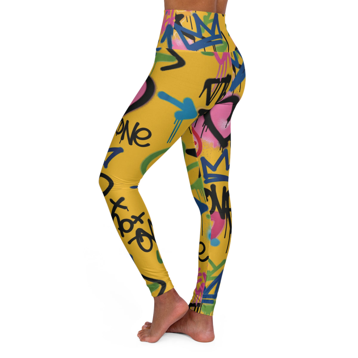 Yellow Graffiti Heart High-Waist Leggings — Colorful Street Art Print