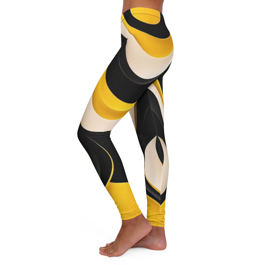 Black, Cream & Yellow Modern Chevron Wave Leggings —Women’s Casual Spandex All-Over Print