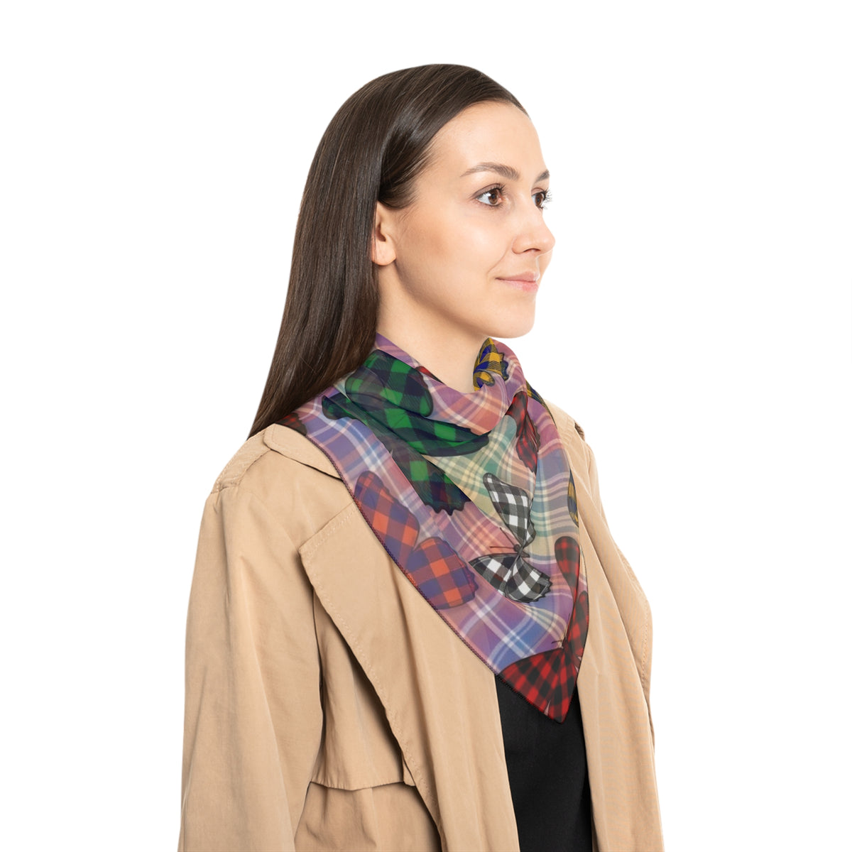 Butterfly Plaid Scarf – Colorful Checkered Pattern Silk-Look Square Scarf