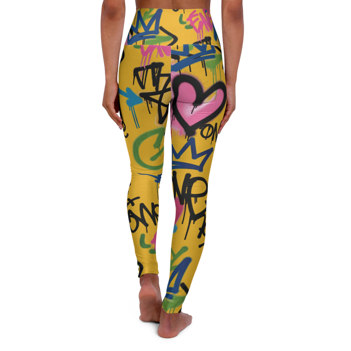 Yellow Graffiti Heart High-Waist Leggings — Colorful Street Art Print