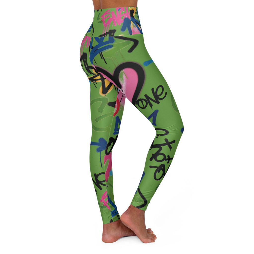 Green Graffiti Heart High-Waist Leggings — Colorful Street Art Print