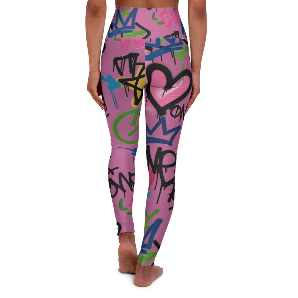 Pink Graffiti Heart High-Waist Leggings — Colorful Street Art Print