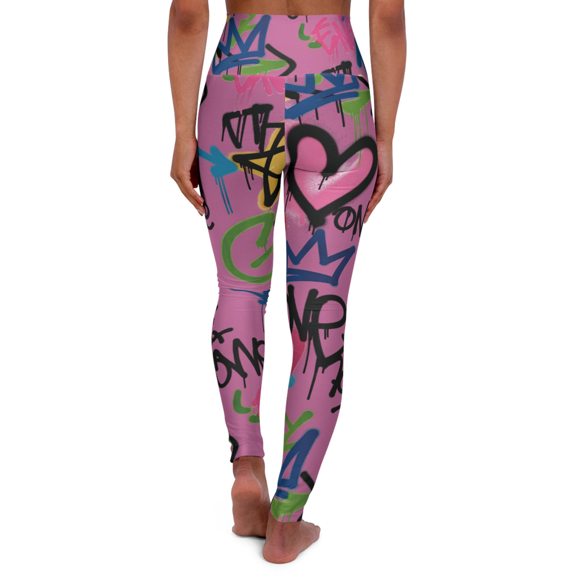 Pink Graffiti Heart High-Waist Leggings — Colorful Street Art Print