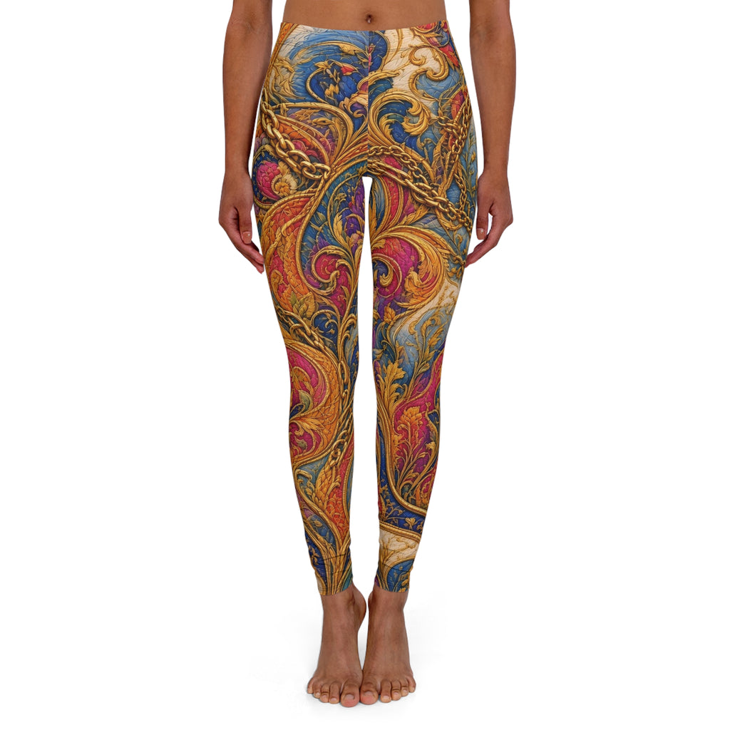 Baroque Floral Print Leggings — Vintage Ornate Swirl Pattern