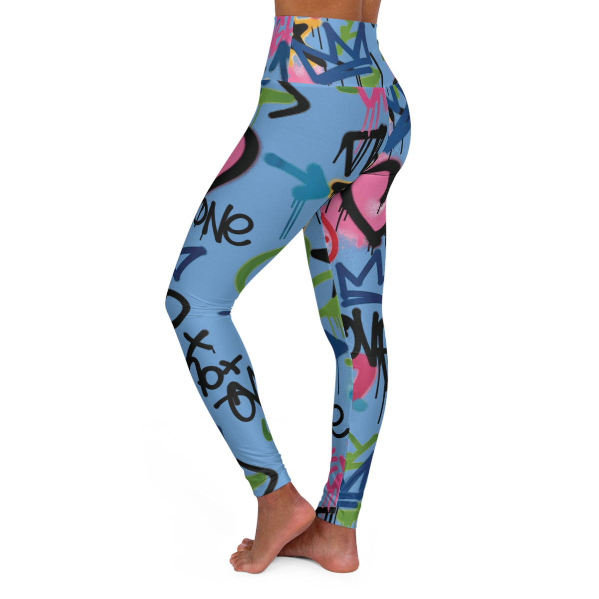 Light Blue Graffiti Heart High-Waist Leggings — Colorful Street Art Print