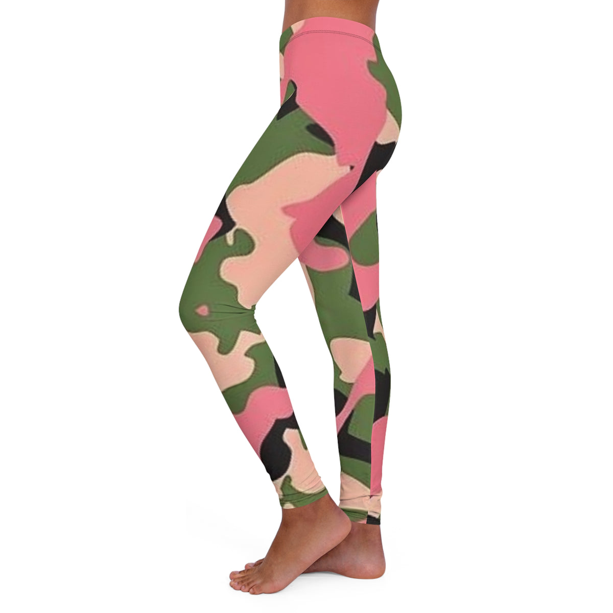 Pink Green Camo Women's Leggings — Stretchy All-Over Print Fitness & Casual Pants